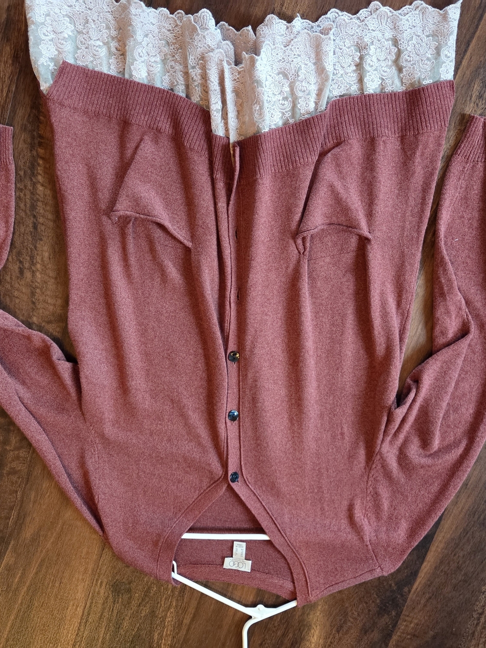 Womens size large boutique blouse with lace trim in burnt orange LOGO brand